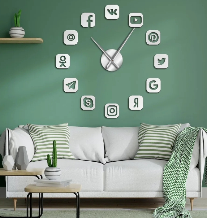 Social Media Badge Icon Giant Frameless DIY Wall Clock Home Office Decor - $22.99+