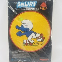 Rollerskating Smurf Crewel Embroidery Kit 7&quot; Hoop Stitchery WonderArt Vintage - $22.49