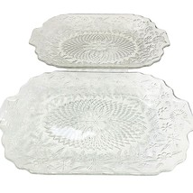 2 Vintage Rectangular Pressed Glass Trays Clear 11&quot; Tiny Flowers Leaves Diamonds - £33.35 GBP