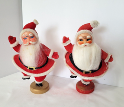 Vintage 2 Dancing Santas Red Flocked 7&quot; Tall Complete Different Faces - $32.46