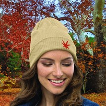 Fall Leaf Organic Ribbed Beanie - Cozy Autumn Skull Cap - £21.31 GBP