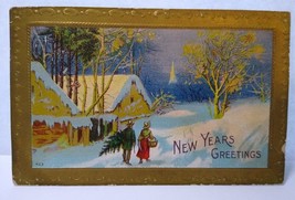 New Years Greetings Postcard 423 Country Couple With Fresh Cut X-mas Tree 1910 - £5.70 GBP