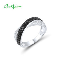 Silver Ring For Women Pure 925 Sterling Silver Sparkling Black Spinel Blue White - £37.35 GBP