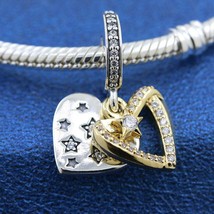 Two-tone 925 Silver &amp; 14k gold plating Shooting Star Hearts Double Dangle Charm - £14.54 GBP