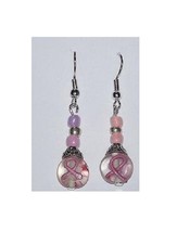 Earrings Pink Ribbon Clear Beads Pink Silver Beads Sterling Wire 1 1/2&quot; ... - $10.00