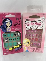 (2) Broadway Little Diva &amp; Fing&#39;rs Girlie Easy Press On Pink Green Bow 20 Nails - £5.94 GBP