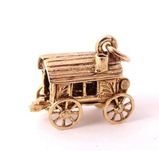 Vintage 9K Yellow Gold Charm, Gypsy Wagon Van Primitive Carriage, Moveab... - $222.75