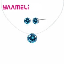 Jewelry sets 25 sterling silver cz crystal round pendant necklace stud earrings wedding thumb200