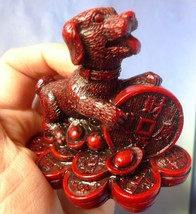 Chinese Spiritual Statue Figurine Red Resin DOG w/ Coins Money Feng Shui... - $12.64