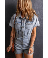 Light Blue Vintage Washed Buttons Pocketed Denim Romper - $43.54