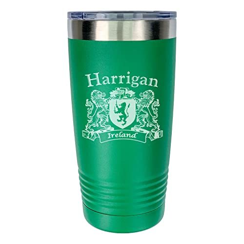 Harrigan Irish Coat of Arms Stainless Steel Green Travel Tumbler - $27.43