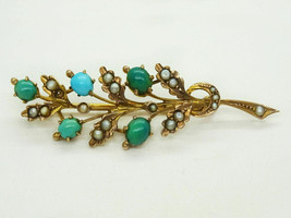 Victorian 9k Yellow Gold Turquoise &amp; Seed Pearl Floral Pin Brooch - £239.74 GBP