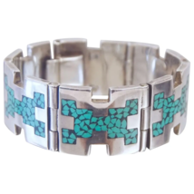 Jacopo Bros Turquoise Inlay Mexican Arte En Plata MMR Sterling Silver Bracelet - £316.97 GBP