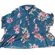 Terra &amp; Sky Blouse Women’s 0X 14W Floral Print Ruffle Button Blue Sleeve... - £9.43 GBP
