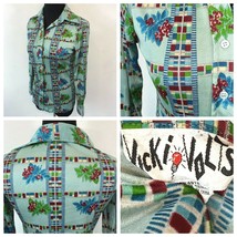 Vintage Disco Shirt size S Blue Turquoise Vicki Volts Berries Leaves Nyl... - £29.53 GBP