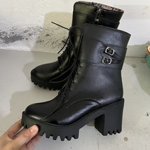 Fashion boots women Autumn winter buckle ladies shoes high heels round toe platf - £62.83 GBP