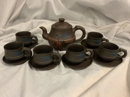 Yixing Oriental Teapot 6 Cups 7 Saucers Chinese Brown Clay Cherry Blosso... - £106.01 GBP