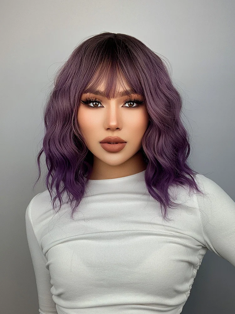 Purple Ombre Short Bob Body Wave Synthetic Wigs For Women Cosplay Wig With Ban - £10.00 GBP+