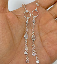 Teardrop Chain Line Drop Earrings 925 Sterling Silver, CZ Stone Bridal E... - £43.96 GBP