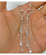 Teardrop Chain Line Drop Earrings 925 Sterling Silver, CZ Stone Bridal E... - £43.96 GBP