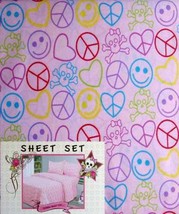 Pink Cookie Rainbow Peace Signs Hearts Pink 4PC Full Sheets Bedding Set New - $41.12