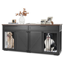 Double Dog Crate Furniture Large Breed Wood Dog Kennel w/ Room Divider, Drawers - £470.21 GBP