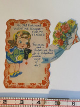 Vintage Valentine Card Girl And Bouquet Mechanical “‘an Ole Fashioned Bo... - $11.30