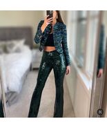 NWT ZARA CHRISTMAS DARK GREEN FLARED SEQUIN PANTS XS - $130.00