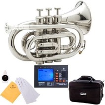Mendini MPT Brass Bb Pocket Trumpet + Tuner, Case, Mouthpiece, &amp; More (Nickel - £134.46 GBP
