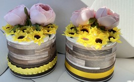  Set of 2 Rustic Yellow and Pink Sunflower Theme Baby Girl Shower Diaper Cakes - £47.27 GBP