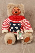 Robert Raikes COOKIE VTG Teddy Bear 1989 Jointed USA Flag Ganz Sweater Tan Plush - £15.48 GBP