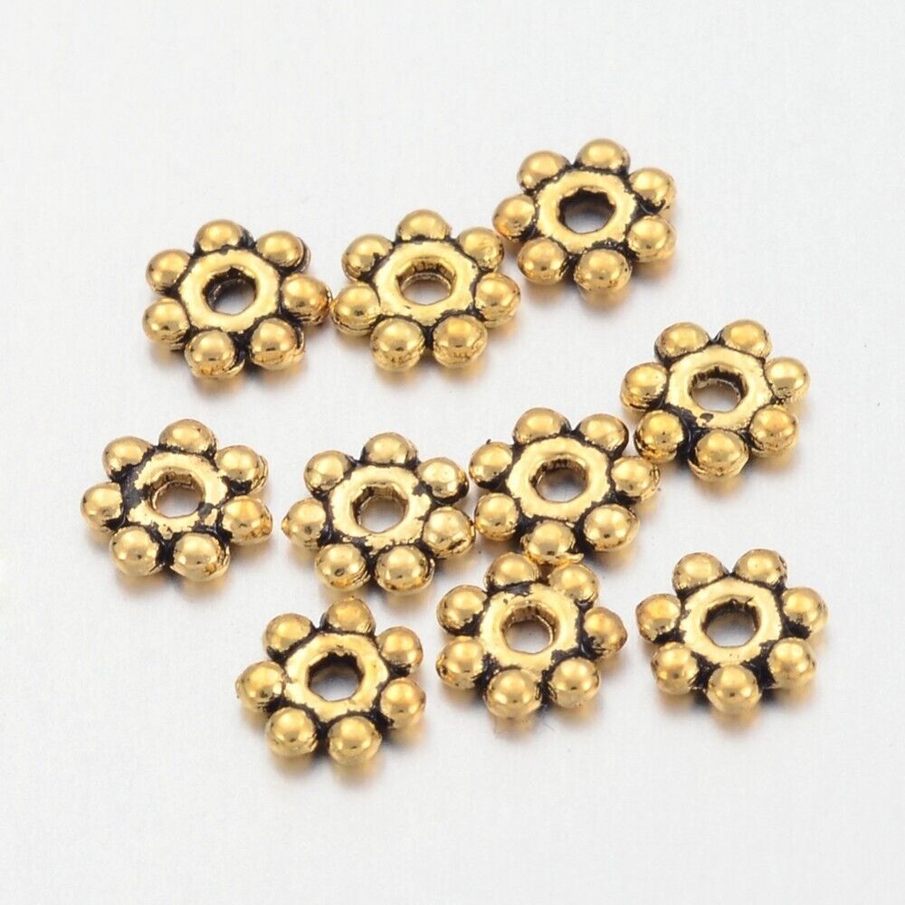 50 Daisy Spacer Beads Metal Antiqued Gold 4mm Findings Sun Beads Bulk - $5.60