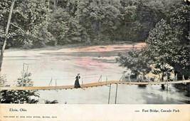 Elyria Oh~Cascade PARK-WOMAN-SWINGING Foot BRIDGE~1908 Bins Book Store Postcard - £8.20 GBP