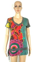 DESIGUAL Floral Multicolor Short Sleeve Tshirt Tunic Top Tie at Waist Wms S *** - £34.17 GBP