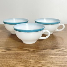 VINTAGE Pyrex White w/Turquoise Blue Aqua Gold Rim Tea Cups USA - Lot of 3 - £11.55 GBP