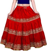 Rajasthani Traditional Ethnic Flared Gold Print Women Girls Red Skirt Free Size - £19.89 GBP