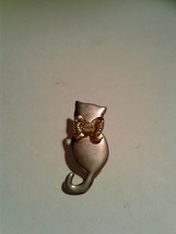 Cat Lapel , Tack Pin , Silver With Gold Bow , Rhinestone  - £4.00 GBP