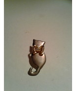 Cat Lapel , Tack Pin , Silver With Gold Bow , Rhinestone  - $5.00