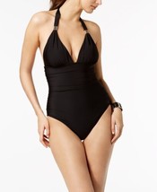 Calvin Klein Womens Liquid Shirred Halter One Piece Swimsuit Color Black Size 6 - £61.63 GBP