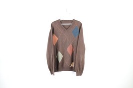 Vintage 90s Streetwear Mens Medium Faded Argyle Diamond Knit V-Neck Sweater - £35.57 GBP