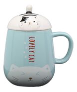 Lovely Cat Paw Prints With Lid And Tail Spoon Blue Ceramic Coffee Tea Mu... - €16,05 EUR