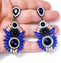 Rhinestone Beaded Drop Earrings, Blue Bridesmaid Chandelier Earrings, Statement  - £26.83 GBP