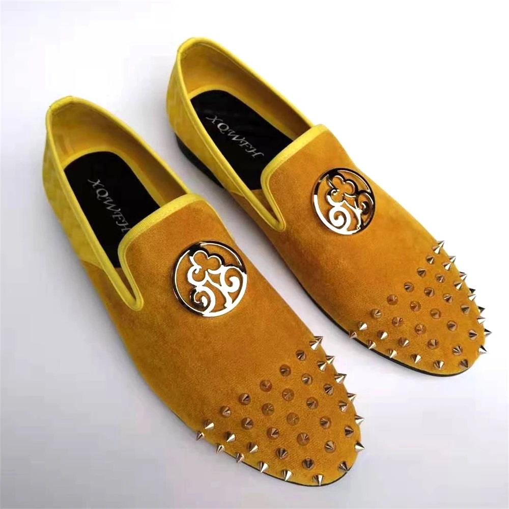 Andmade yellow leather men metal button shoes fashion black bottom men s loafers spiked thumb200