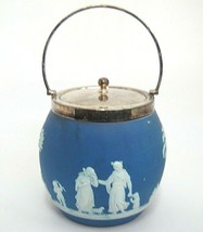 Vintage Blue Jasperware Biscuit Jar Barrel w Silver Lid &amp; Handle Dipped England - £55.26 GBP