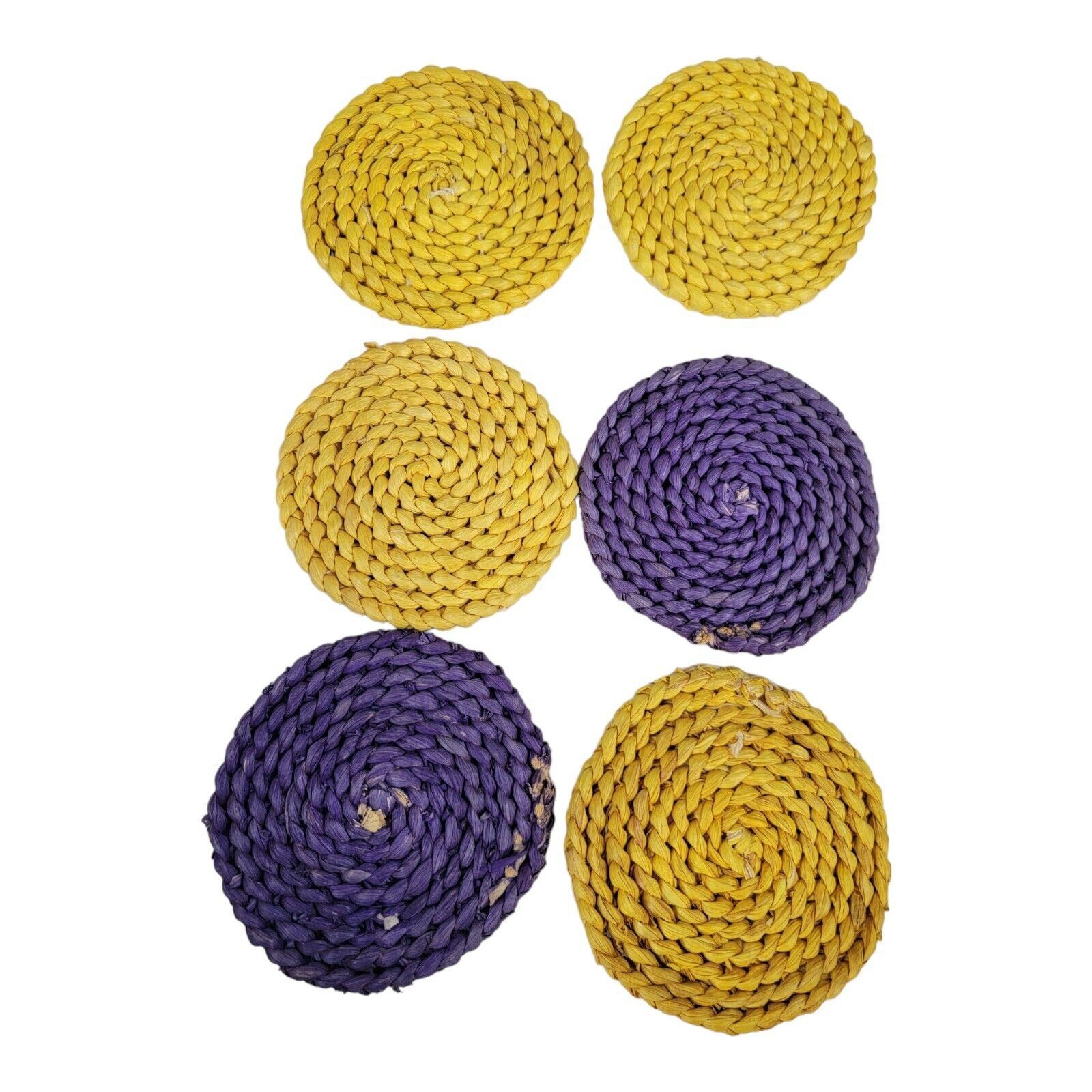 Primary image for Set of 6 Vintage 4” Wicker Rattan Coasters with Woven Basket Holder purple yello