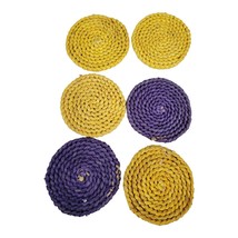 Set of 6 Vintage 4” Wicker Rattan Coasters with Woven Basket Holder purple yello - £12.25 GBP
