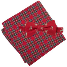 TOMMY HILFIGER Red Reindeer Self Bow Tie Royal Stewart Tartan Pocket Squ... - $24.99