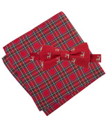 TOMMY HILFIGER Red Reindeer Self Bow Tie Royal Stewart Tartan Pocket Squ... - £19.65 GBP