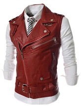 Vest Leather Coat Motorcycle Waistcoat Biker Jackets Mens Size Punk Top Red 50 - £84.11 GBP