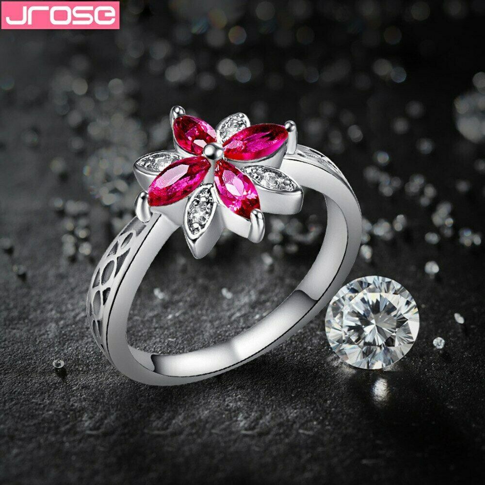  Pretty Beautiful Flowers Red & White CZ White Gold Color Ring Size  Women rings - £4.78 GBP